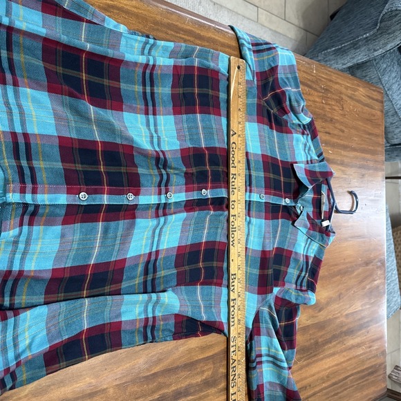 SOFT SURROUNDINGS Size L Red Turquoise Plaid Flannel  Shirt Dress - Picture 5 of 5